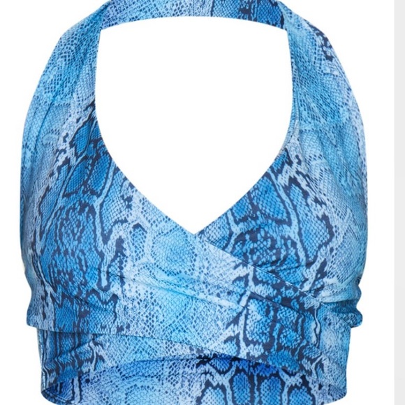 blue snake print cross front halterneck bralet - Picture 2 of 3